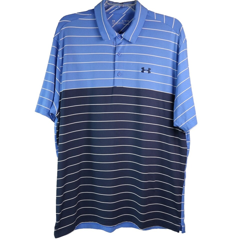 Under Armour Polo Shirt Men's Size XL Blue Striped Heat Gear Short Sleeve Loose
